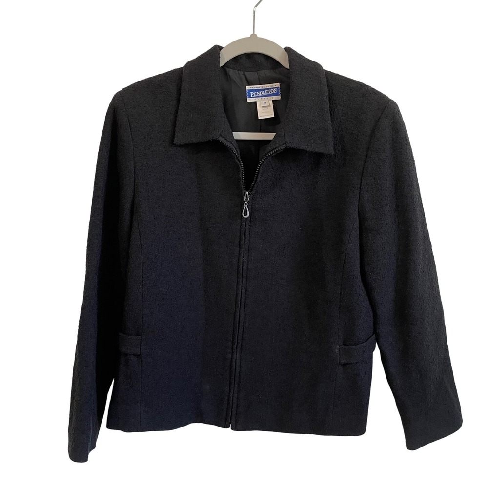 VTG‎ Pendleton Wool Boucle Jacket Blazer Full Zip Classic Fitted Black Size 10